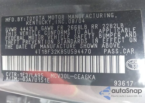 2005 Toyota Camry Xle V6 from USA, damaged, VIN 4T1BF32K85U594470